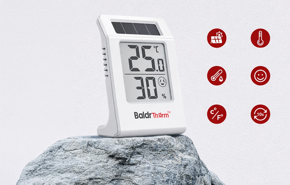 Θερμοϋγρόμετρο Baldtherm πάνω σε ζυγό με ανοιχτόχρωμο φόντο, δίπλα σε ένα εικονίδιο που δείχνει τις λειτουργίες της συσκευής