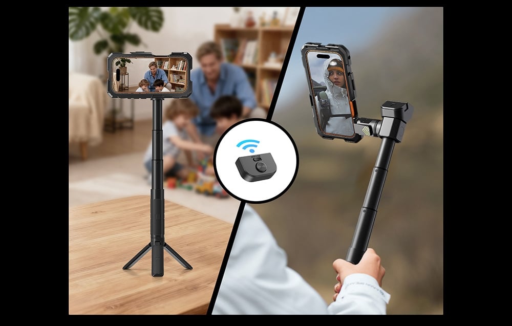 Σύγκριση: selfie stick/τρίποδο με τηλεχειριστήριο σε εσωτερικό χώρο και βάση χειρός με κινητό σε εξωτερικό χώρο