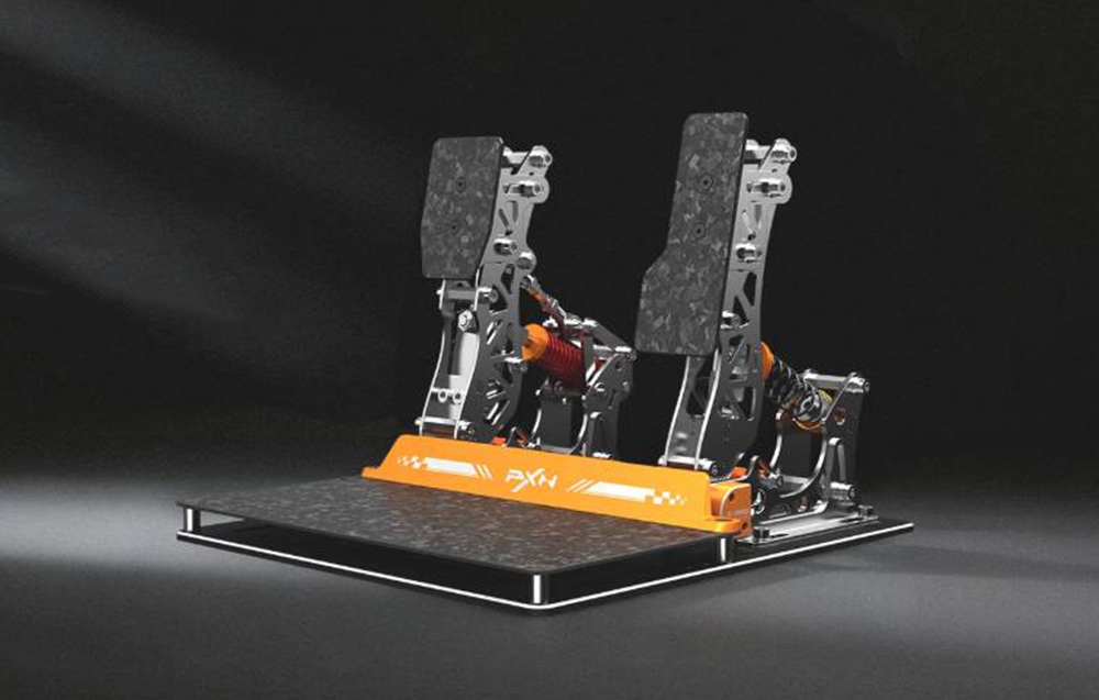 Πεντάλ sim racing PXN τοποθετημένα σε μαύρη βάση με πορτοκαλί περίγραμμα και λογότυπο της μάρκας