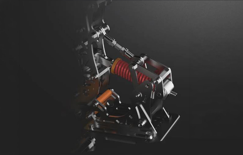 Πεντάλ PXN sim racing με κοντινό πλάνο των κόκκινων ελαστομερών ελαστικών τακουνιών του συστήματος φρεναρίσματος