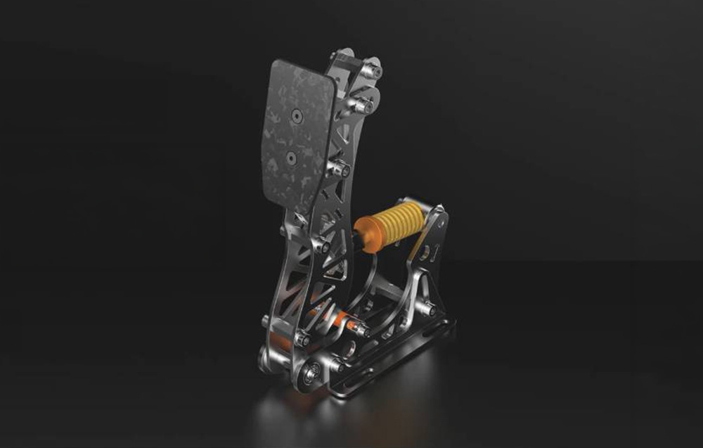 Ένα μεμονωμένο πεντάλ από το σετ PXN sim racing με ορατό κίτρινο ελατήριο