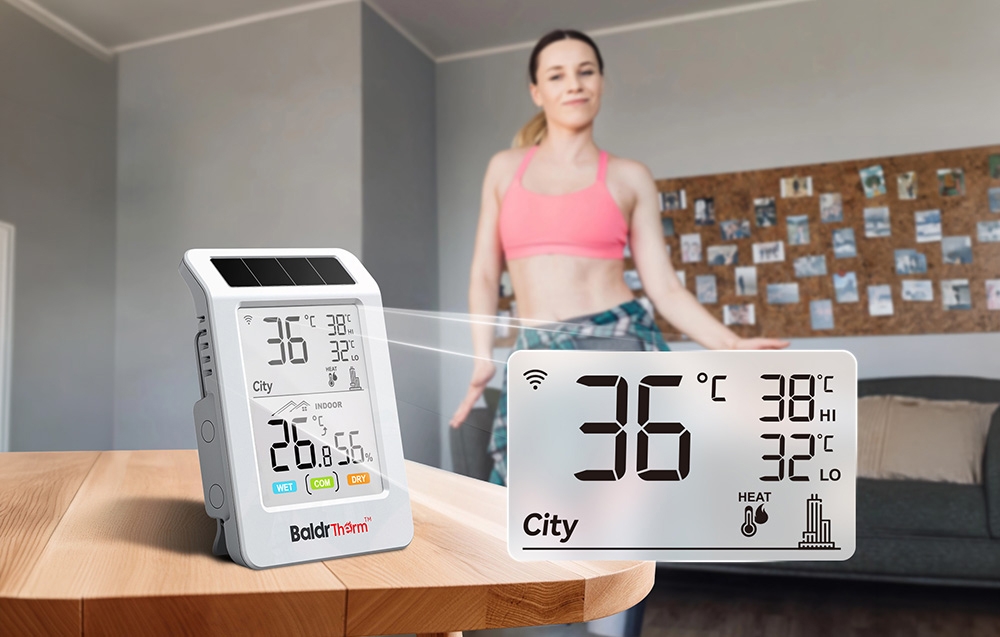 Ένα θερμοϋγρόμετρο BALDRTHERM πάνω σε ένα ξύλινο τραπέζι; στο βάθος, μια γυναίκα χορεύει στο σαλόνι φορώντας αθλητική ενδυμασία