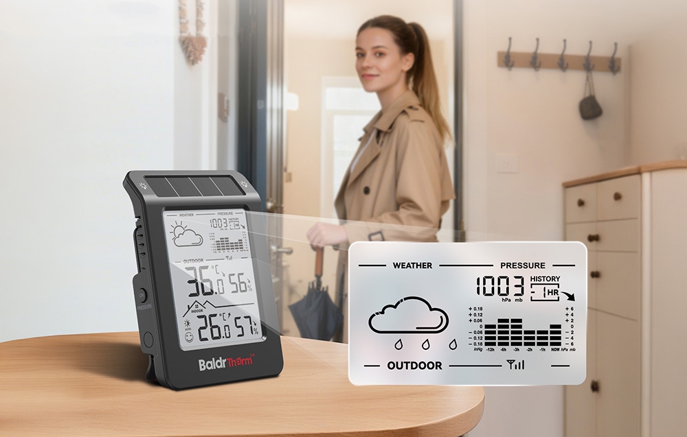 Ο μετεωρολογικός σταθμός Baldr Therm βρίσκεται πάνω σε ένα τραπέζι μπροστά από μια γυναίκα που κρατά μια ομπρέλα, με κοντινό πλάνο του γραφήματος πίεσης
