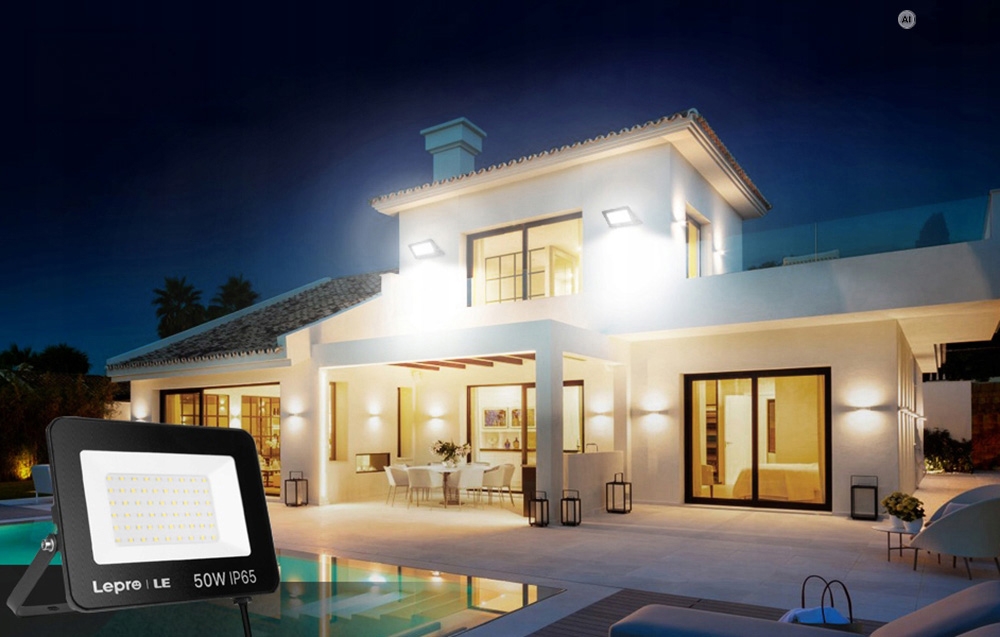 Ένας μαύρος προβολέας LED Lepro IP65 με φόντο μια σύγχρονη κατοικία με πισίνα τη νύχτα