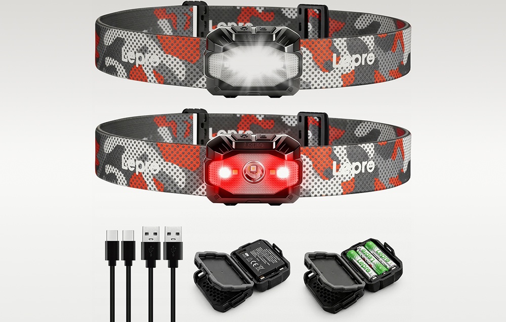 Σετ δύο φακών κεφαλής Lepro με καλώδια USB, μονάδες μπαταρίας και μπαταρίες AAA