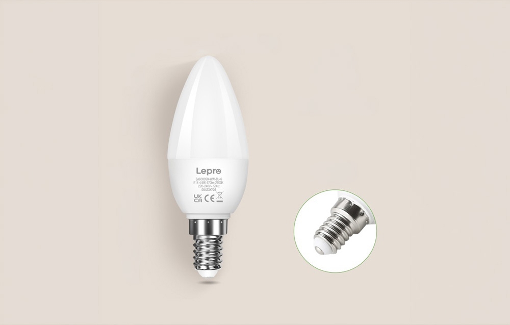 Λαμπτήρας LED Lepro E14 σε σχήμα κεριού με κοντινό πλάνο της μεταλλικής βάσης E14 με βίδα