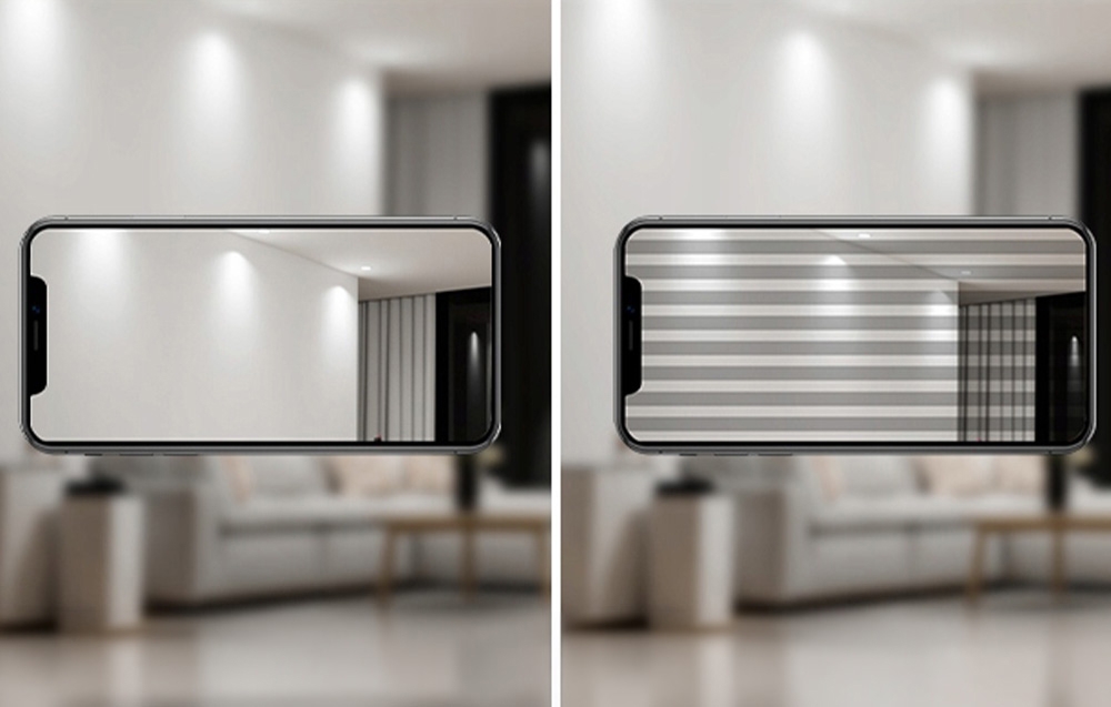 Σύγκριση φωτισμού LED σε smartphone — ο ένας χωρίς τρεμόπαιγμα και ο άλλος με ορατό φαινόμενο τρεμοπαίγματος