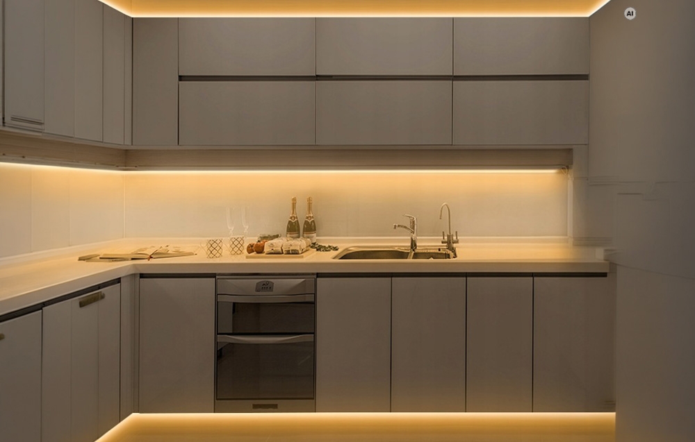 Μια μοντέρνα κουζίνα με γκρι ντουλάπια και θερμό φωτισμό από ταινία LED κάτω από τα ντουλάπια και ακριβώς πάνω από το δάπεδο