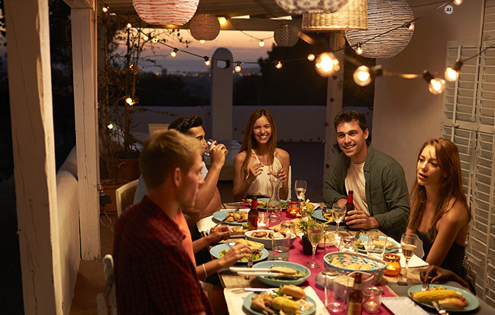 Φίλοι που δειπνούν σε μια βεράντα φωτισμένη από σειρές φωτάκια και χάρτινα φανάρια