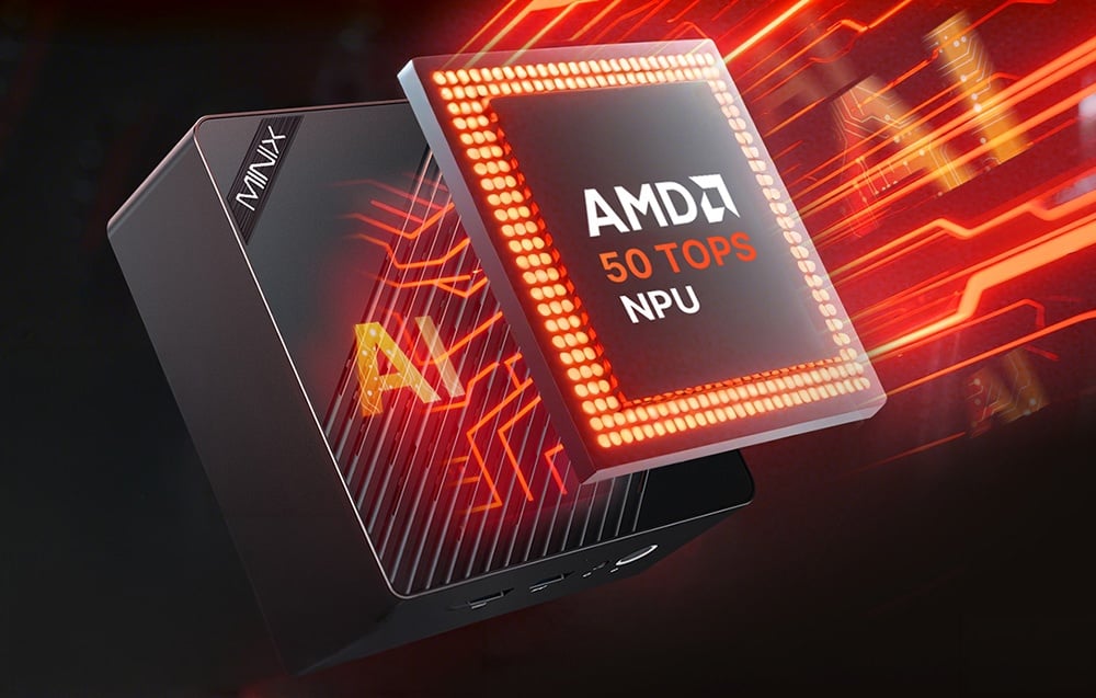 Μαύρο περίβλημα Minix Mini PC με επεξεργαστή AMD NPU 50 TOPS και φωτιζόμενο λογότυπο «AI»