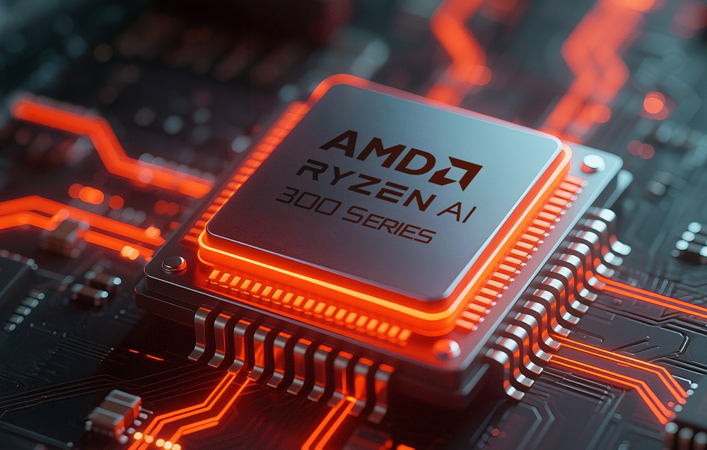 Επεξεργαστής AMD Ryzen AI σειράς 300 τοποθετημένος σε μαύρη μητρική πλακέτα με κόκκινο οπίσθιο φωτισμό