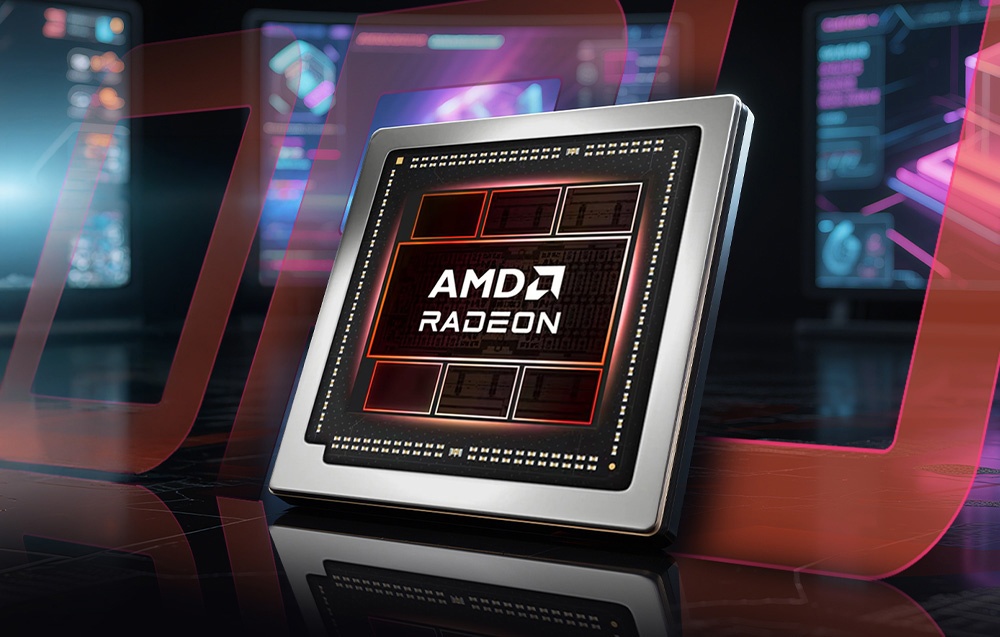 Γραφικός επεξεργαστής AMD Radeon με ορατή δομή πυρήνα πάνω σε μαύρο, μοντέρνο φόντο