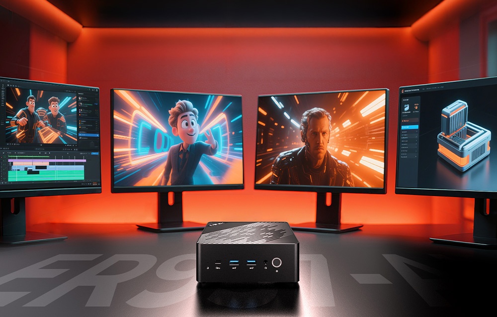 Ένα μαύρο Minix Mini PC πάνω σε ένα γραφείο, συνδεδεμένο με τέσσερις οθόνες με γραφικά