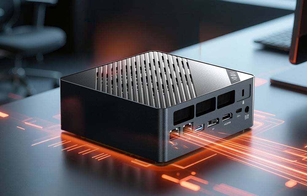 Η πίσω όψη του μαύρου περιβλήματος του Minix Mini PC με τον πίνακα εισόδων/εξόδων ορατό πάνω σε ένα γραφείο