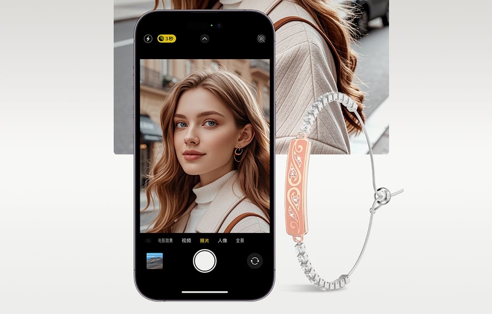 Ένα smartphone που εμφανίζει τη φωτογραφία μιας γυναίκας δίπλα σε ένα κομψό βραχιόλι με ζιργκόν