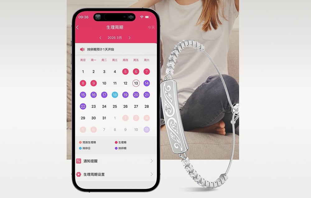 Ένα smartphone με εφαρμογή παρακολούθησης εμμηνορροϊκού κύκλου δίπλα σε ένα ασημένιο βραχιόλι με διακοσμητικό μοτίβο