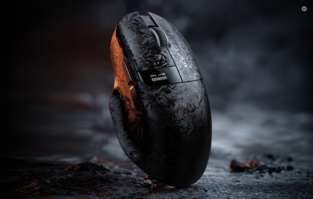Μαύρο ποντίκι gaming Onikuma με μάρμαρο μοτίβο και ενσωματωμένη οθόνη OLED σε σκούρο φόντο