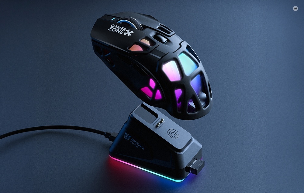 Ποντίκι gaming Onikuma τοποθετημένο πάνω από ειδική βάση φόρτισης με οπίσθιο φωτισμό RGB
