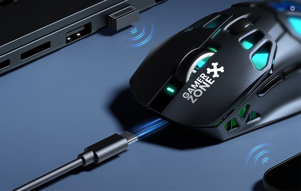 Μαύρο ποντίκι Onikuma συνδεδεμένο μέσω καλωδίου USB-C δίπλα σε δέκτη που είναι συνδεδεμένος σε φορητό υπολογιστή
