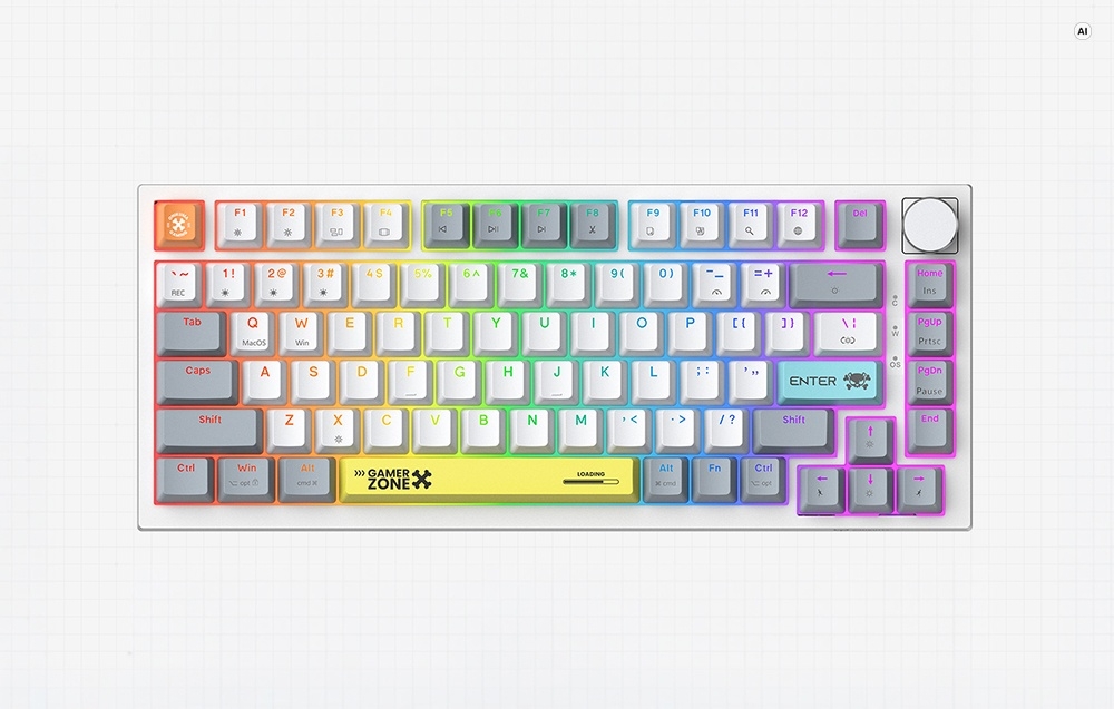 Το λευκό πληκτρολόγιο gaming Onikuma G52 με πολύχρωμο οπίσθιο φωτισμό RGB, όπως φαίνεται από πάνω
