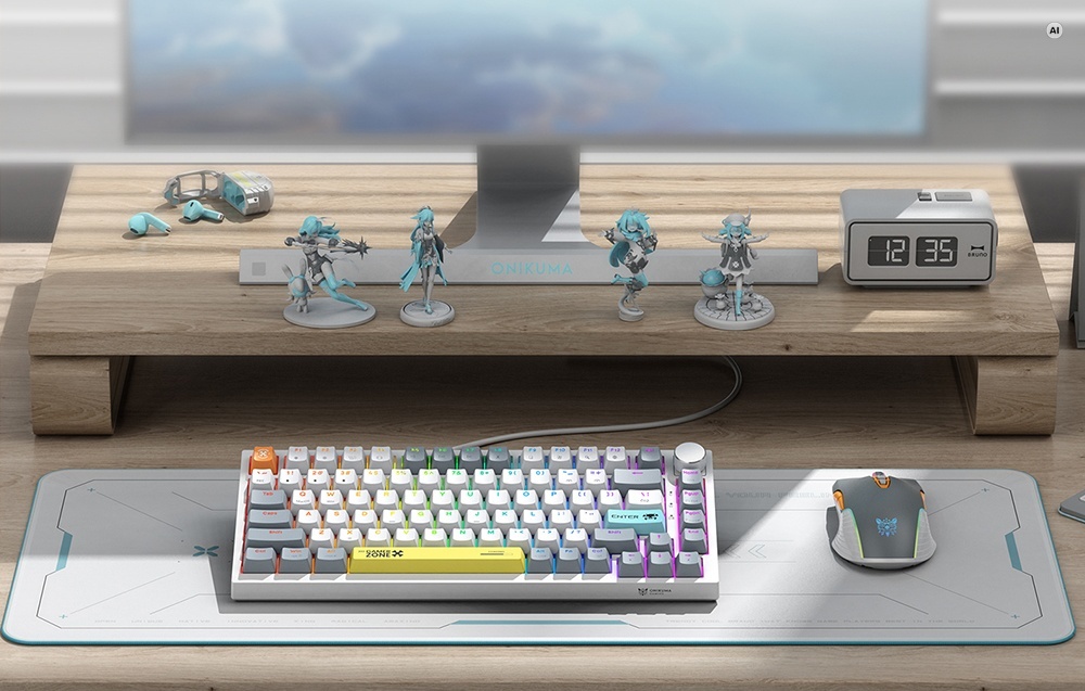 Το πληκτρολόγιο και το ποντίκι Onikuma G52 πάνω σε ένα mouse pad, πάνω σε ένα γραφείο κάτω από μια οθόνη και ένα ξύλινο ράφι