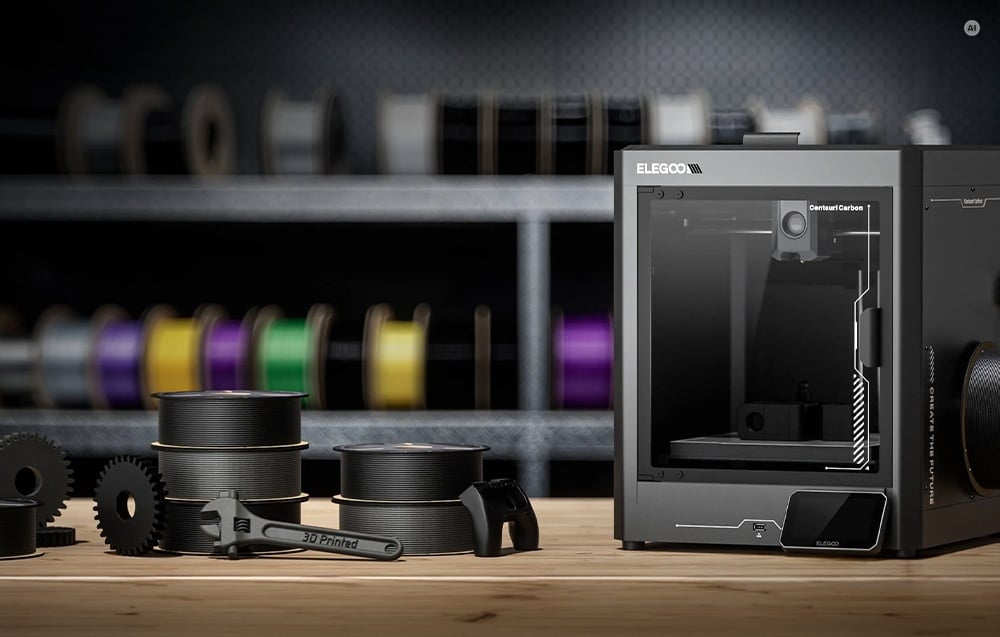 Ο μαύρος εκτυπωτής 3D Elegoo Centauri Carbon βρίσκεται πάνω σε ένα τραπέζι δίπλα σε καρούλια νήματος και εκτυπωμένα αντικείμενα
