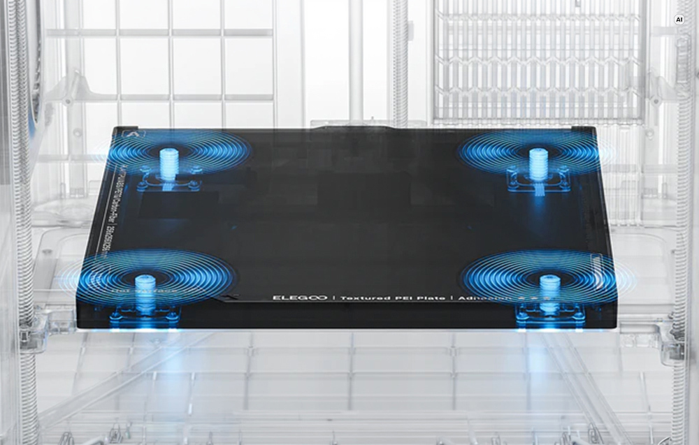 Πλάκα κατασκευής με φύλλο PEI στον εκτυπωτή 3D Elegoo Centauri Carbon, όπου φαίνονται οι τέσσερις αισθητήρες