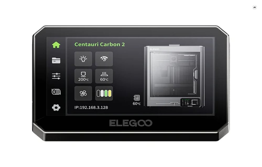 Οθόνη αφής του εκτυπωτή 3D Elegoo Centauri Carbon που δείχνει τη διεπαφή ελέγχου και τη θερμοκρασία