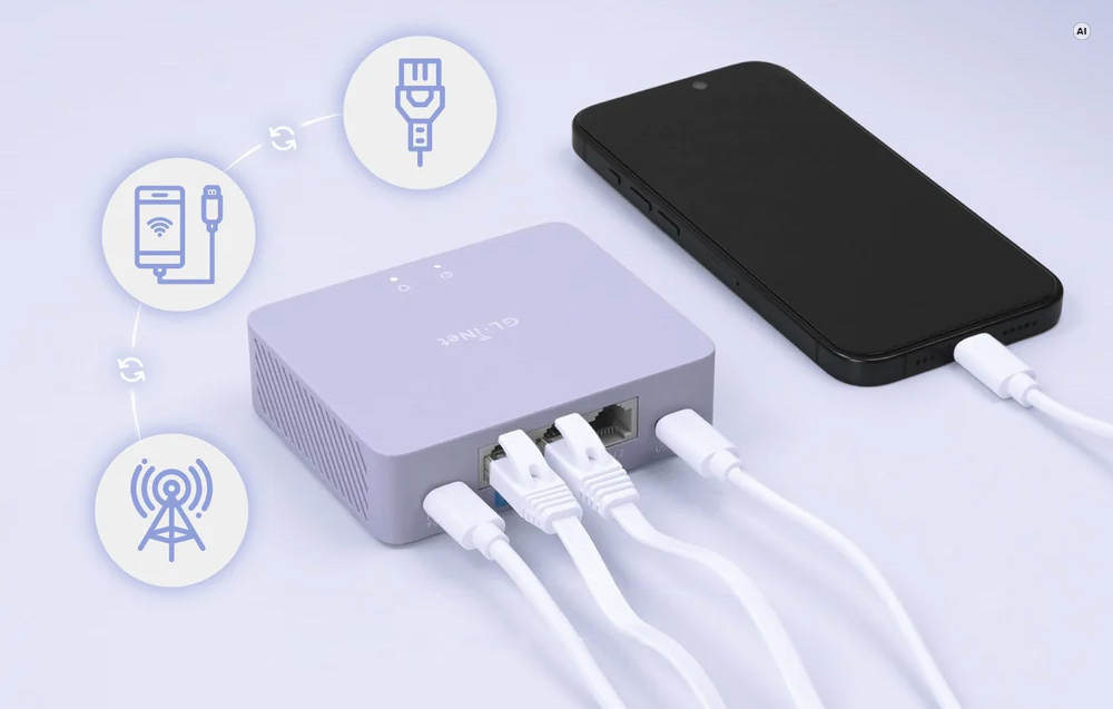 Μια ανοιχτό μωβ συσκευή GL.iNet συνδεδεμένη με καλώδια δίπλα σε ένα μαύρο smartphone πάνω σε ανοιχτόχρωμο φόντο με γραφικά εικονίδια