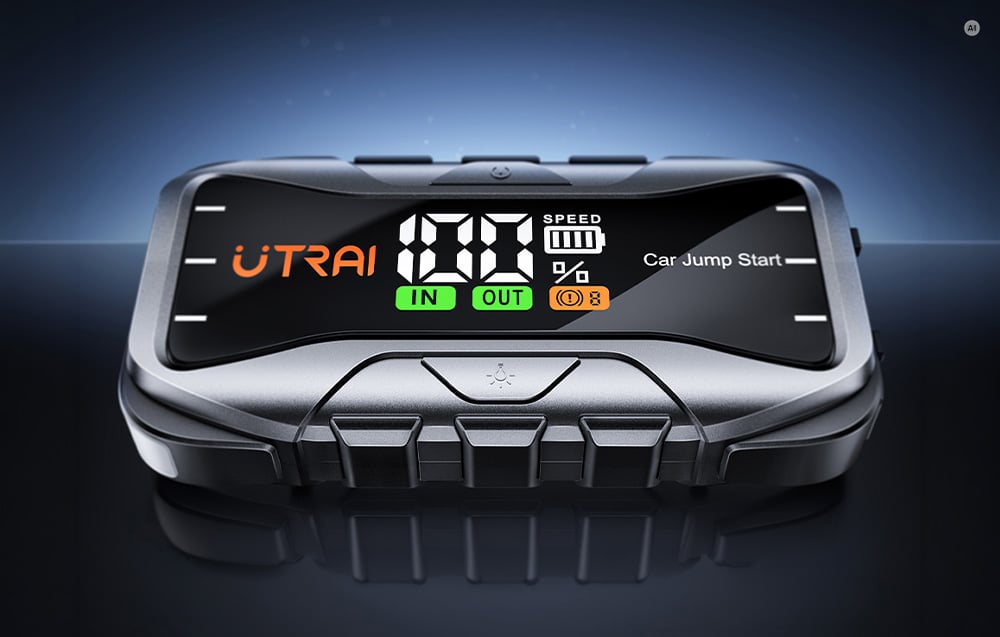 Ένας γκρι εκκινητής Utrai με οθόνη LCD που δείχνει το επίπεδο φόρτισης