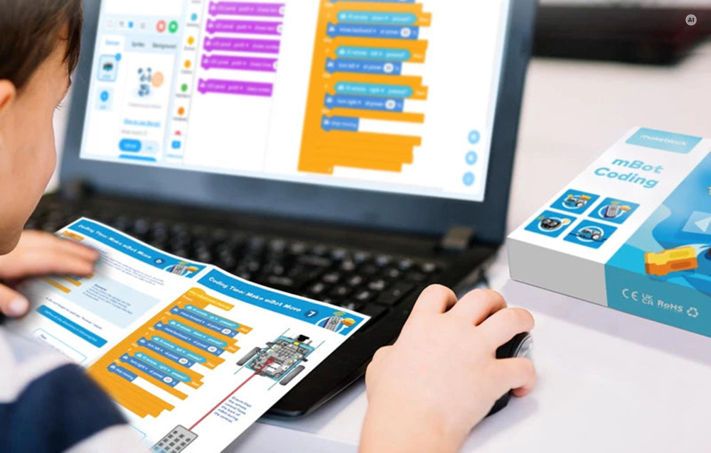 Ένα παιδί προγραμματίζει το κιτ Makeblock mBot Coding σε φορητό υπολογιστή, με το εγχειρίδιο και το κουτί πάνω στο γραφείο