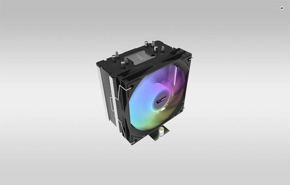 Ψύκτης CPU Darkflash με ενεργοποιημένο το χρωματικό φωτισμό ARGB του ανεμιστήρα, απεικονιζόμενος υπό γωνία.