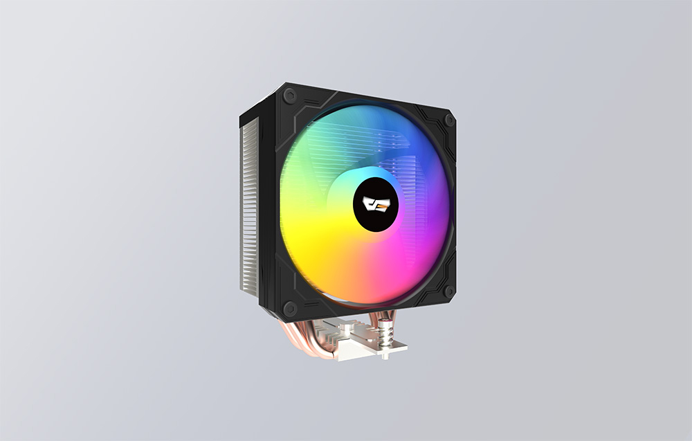 Ψύκτης CPU με ανεμιστήρα με έγχρωμο φωτισμό, σε πλάγια όψη.