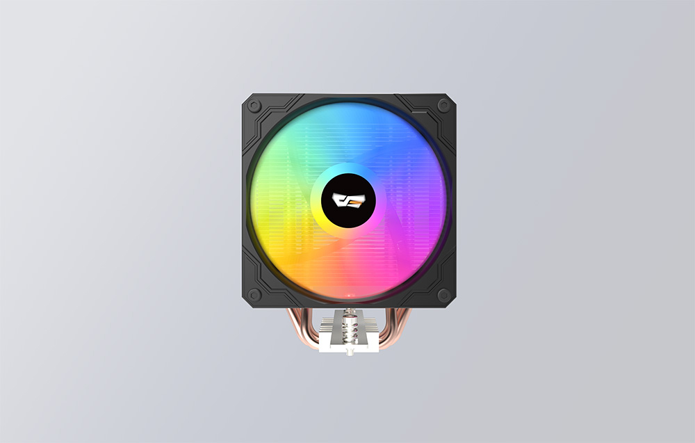 Μαύρος ψύκτης CPU με πολύχρωμο ανεμιστήρα, όψη από μπροστά.