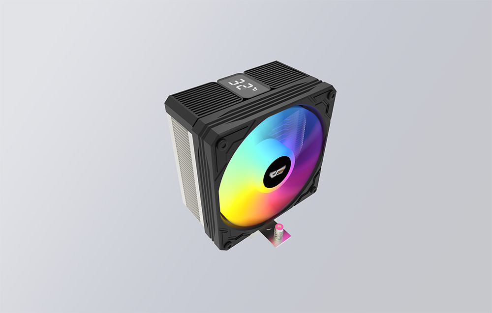 Κάτοψη του ψύκτη CPU με οθόνη θερμοκρασίας και ανεμιστήρα με έγχρωμο φωτισμό.