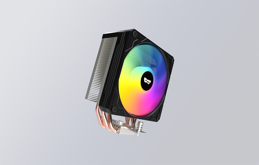 Ψύκτης CPU με φωτιζόμενο ανεμιστήρα και ορατούς χαλκούς σωλήνες θερμότητας.