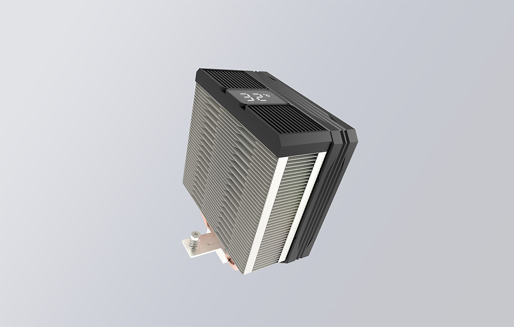 Όψη από πίσω του ψύκτη CPU με ορατή οθόνη θερμοκρασίας στην κορυφή.