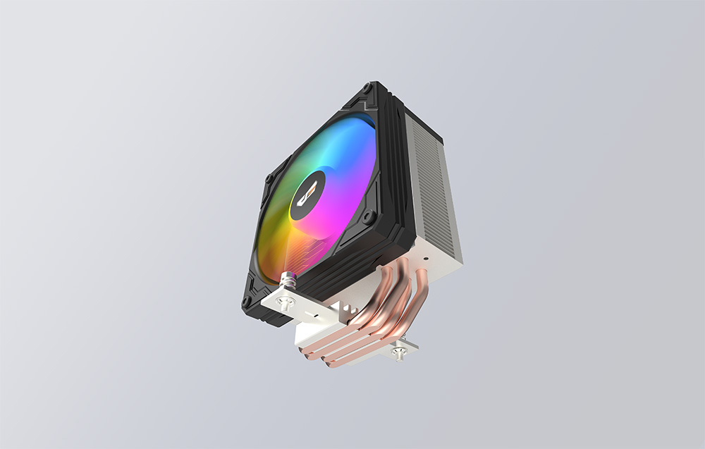 Όψη από κάτω του ψύκτη CPU με χαλκούς σωλήνες θερμότητας και βάση στήριξης.