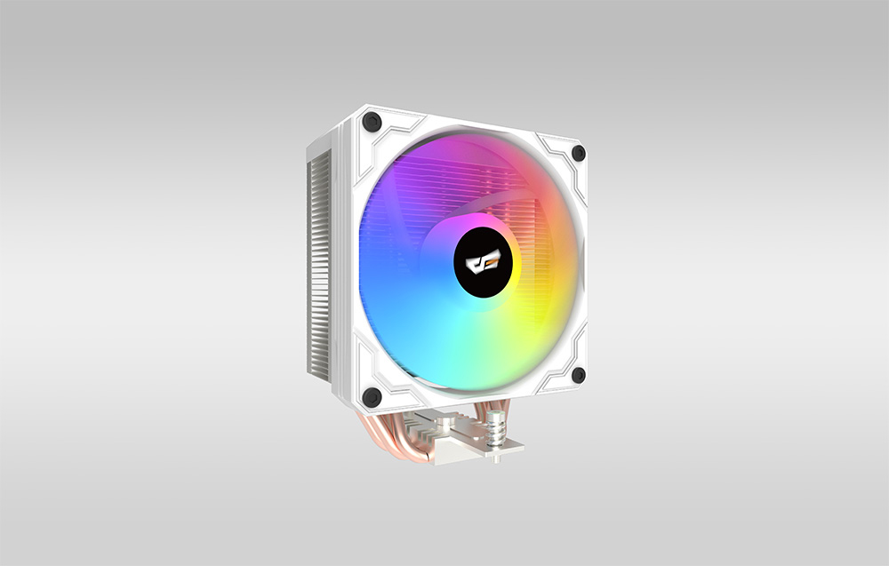 Λευκός ψύκτης CPU με πολύχρωμο ανεμιστήρα με οπίσθιο φωτισμό, φωτογραφημένος υπό γωνία.