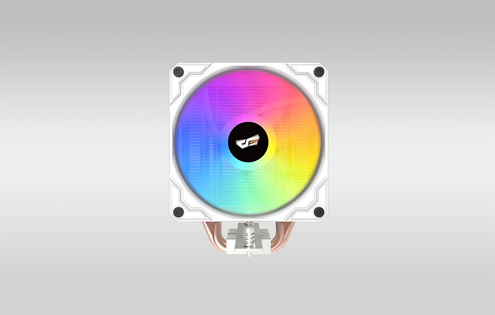 Λευκός ψύκτης CPU με ανεμιστήρα με έγχρωμο οπίσθιο φωτισμό, σε όψη από μπροστά.