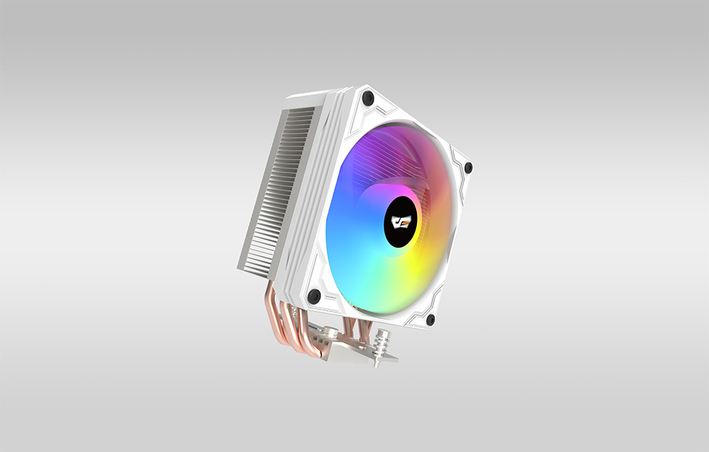Λευκός ανεμιστήρας CPU με πολύχρωμο φωτισμό, σε προφίλ.