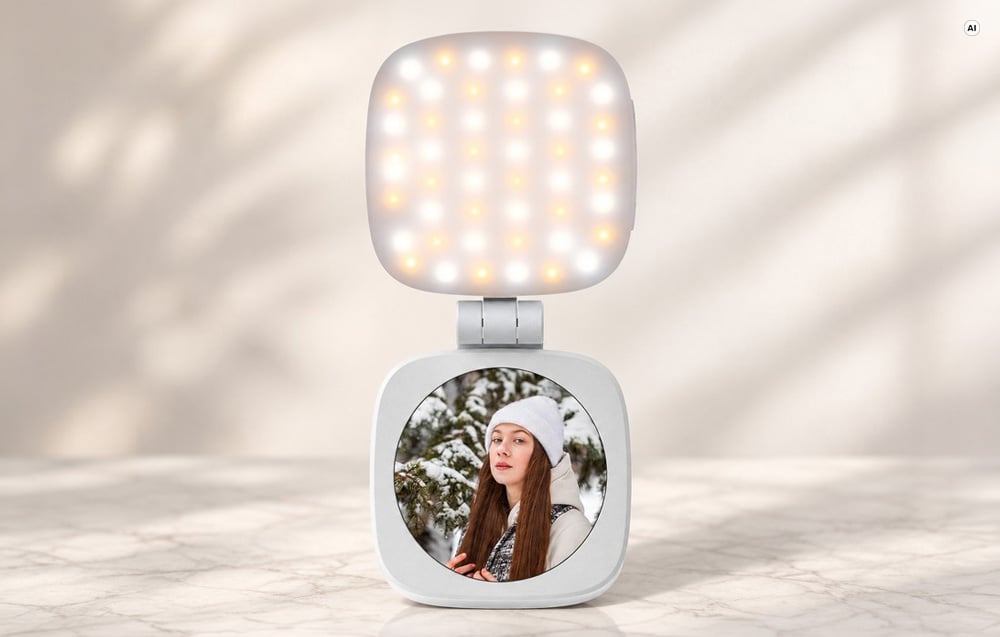 Μια πτυσσόμενη λάμπα LED με καθρέφτη πάνω σε ένα ανοιχτόχρωμο τραπέζι, που αντανακλά το πρόσωπο μιας γυναίκας.