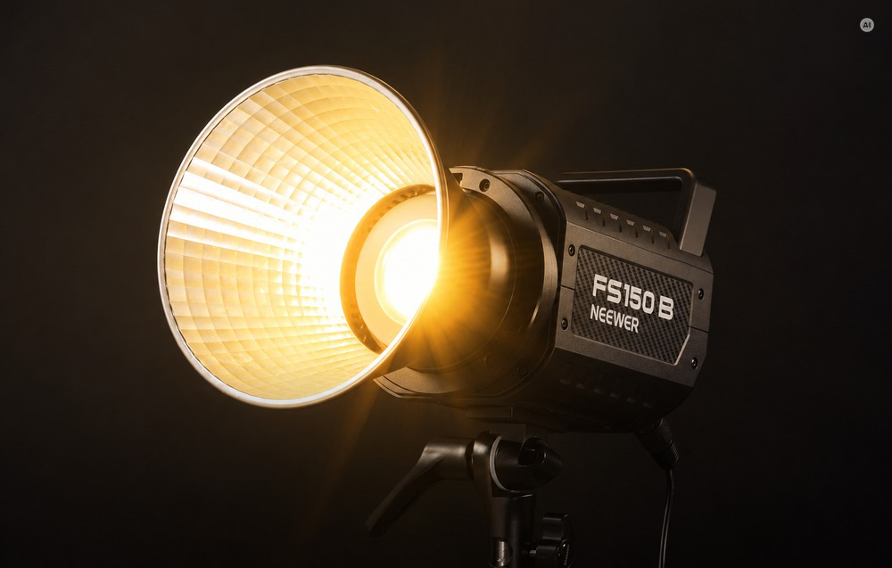Φωτιστικό στούντιο Neewer FS150B με ανακλαστήρα που εκπέμπει ζεστό, κίτρινο φως.