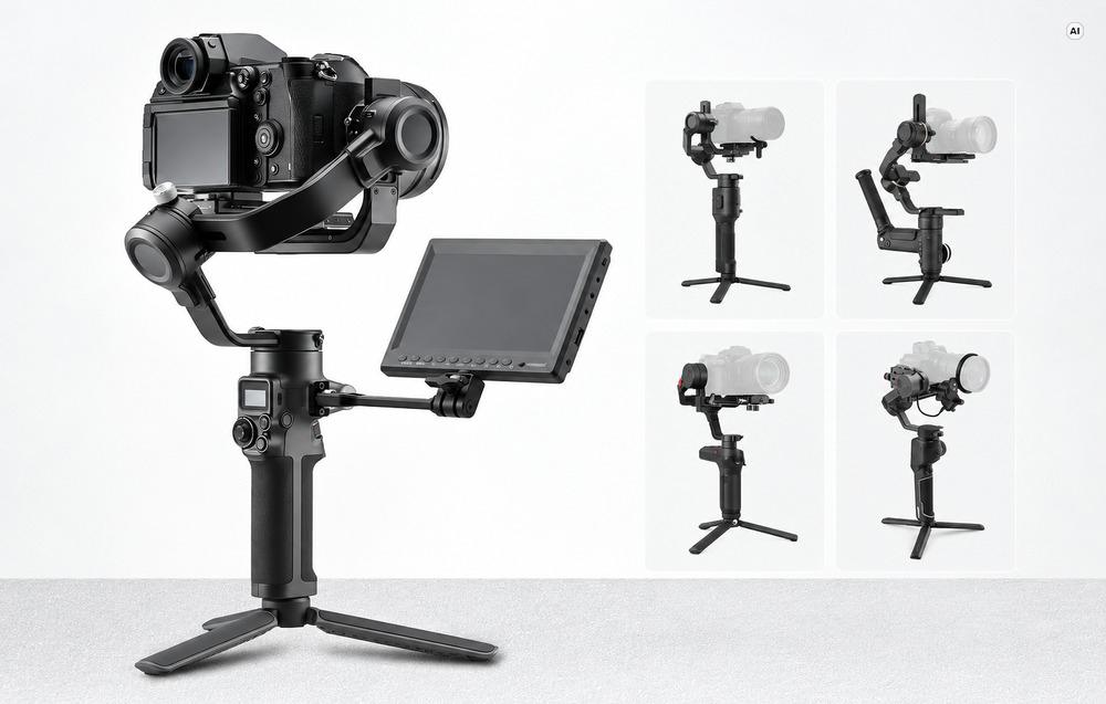 Ένα gimbal με τοποθετημένη κάμερα και μια επιπλέον οθόνη προεπισκόπησης πάνω σε τρίποδο, μαζί με διαγράμματα συναρμολόγησης.