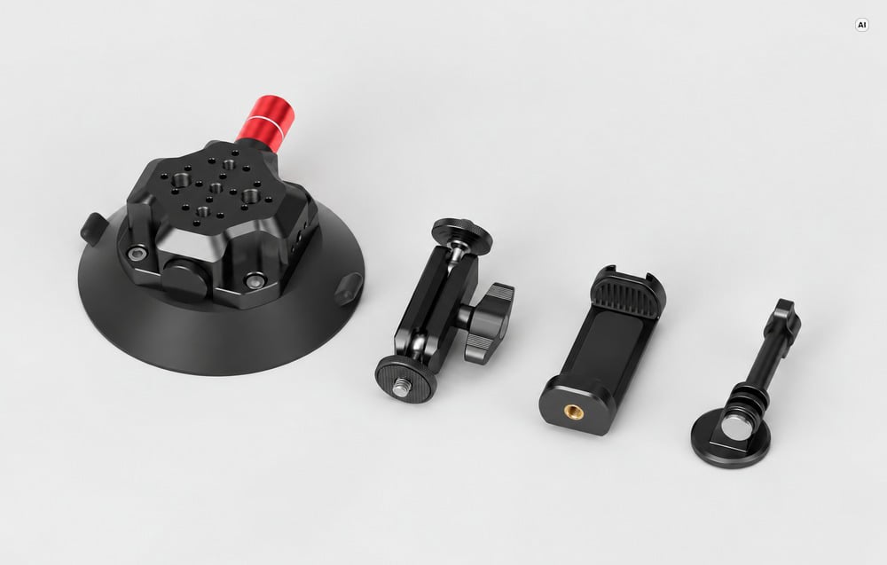 Σετ εξαρτημάτων στήριξης τοποθετημένο πάνω σε ανοιχτόχρωμο φόντο: βεντούζα με βάση, βραχίονα σφαιρικής άρθρωσης, βάση για τηλέφωνο και προσαρμογέας.