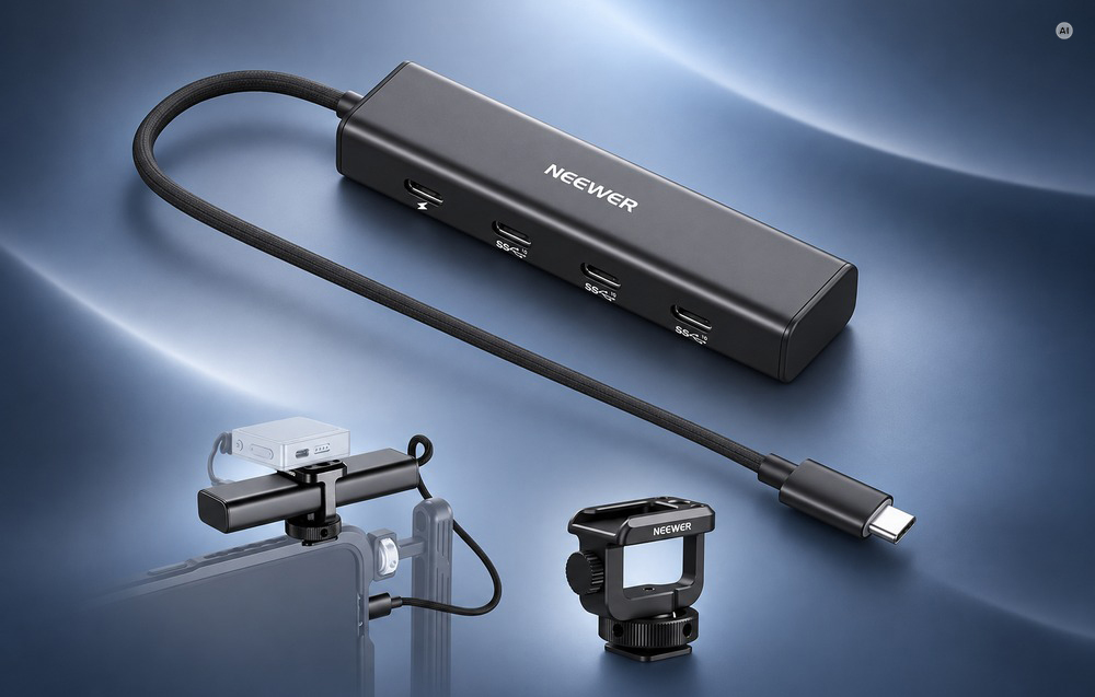 Μαύρος διανομέας USB-C με μεταλλικό βραχίονα στήριξης, με εικόνα που τον απεικονίζει συνδεδεμένο σε θήκη smartphone.