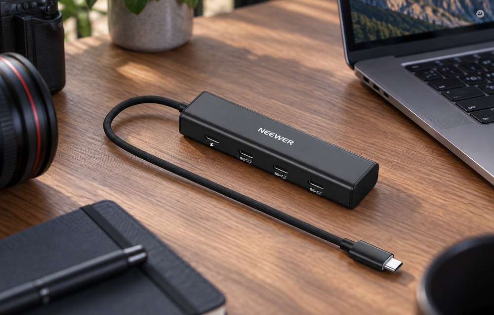 Ένας μαύρος διανομέας USB-C με ένα καλώδιο που βρίσκεται πάνω σε ένα ξύλινο γραφείο δίπλα σε έναν φορητό υπολογιστή, έναν φακό φωτογραφικής μηχανής και ένα σημειωματάριο.