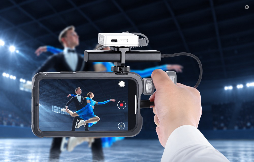 Ένα χέρι που κρατά ένα smartphone σε θήκη με ενσωματωμένο διανομέα USB-C, καταγράφοντας ένα ζευγάρι που χορεύει σε παγοδρόμιο.