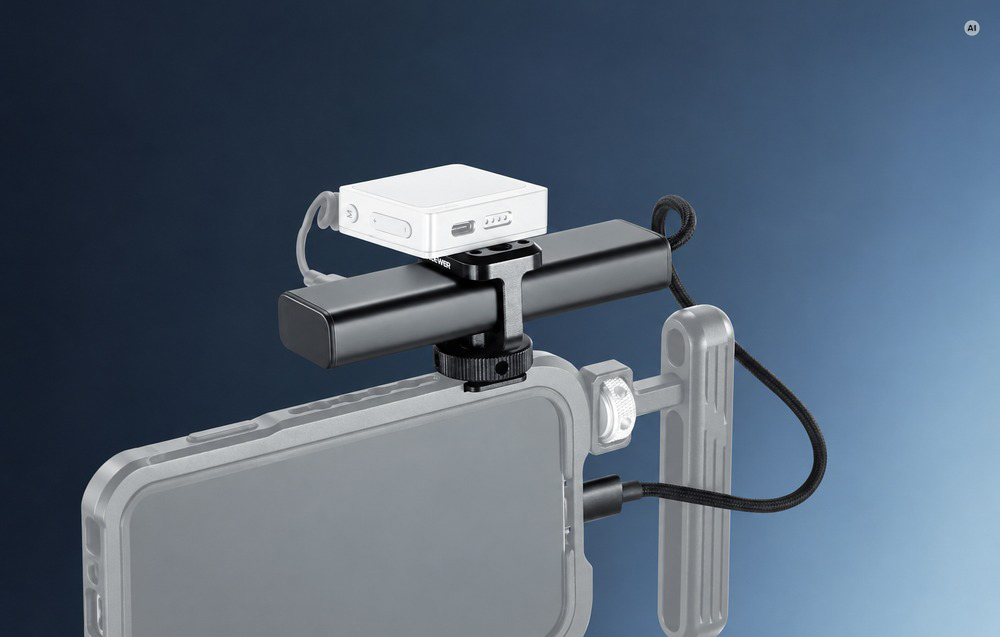 Ένας διανομέας USB-C τοποθετημένος σε βάση θήκης smartphone και συνδεδεμένος με αυτήν μέσω καλωδίου, με ένα μικρό ασημένιο εξάρτημα στην κορυφή.