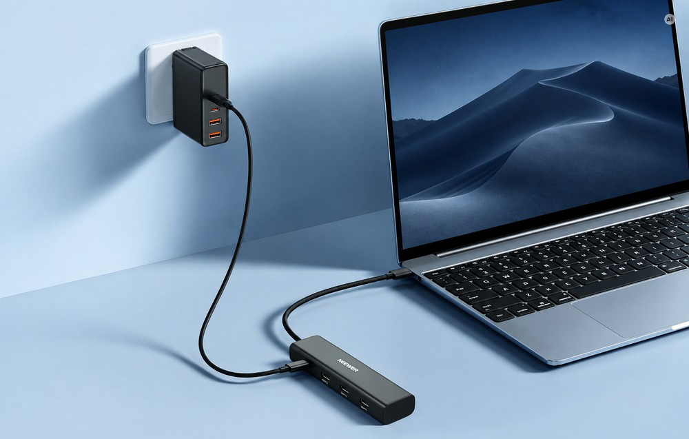 : Ένας μαύρος διανομέας USB-C συνδεδεμένος σε φορητό υπολογιστή και σε φορτιστή που είναι καλωδιωμένος σε πρίζα τοίχου.